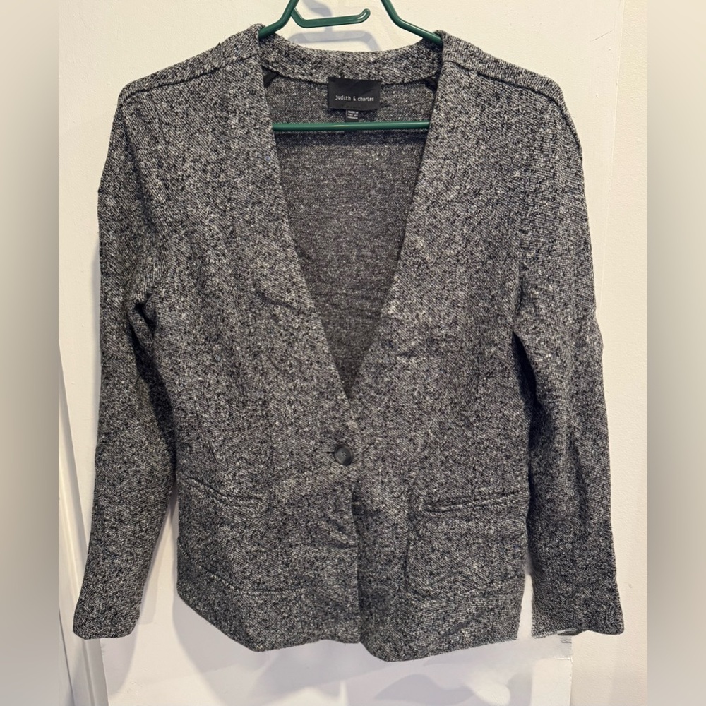 Judith & Charles wool silk blazer cardigan black gray stretch office street 12